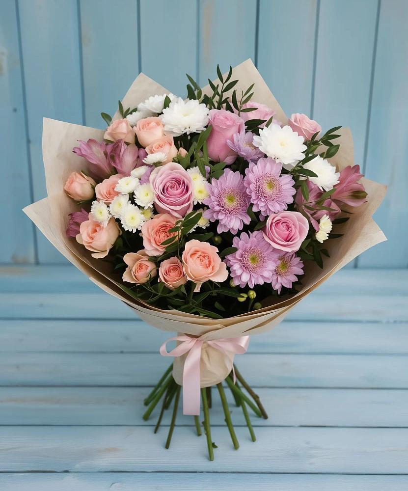 Букет цветов из: Хризантемы, Розы и Альстромерии в Новоуткинске