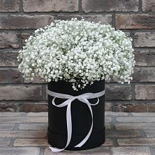 Цветочная композиция из Гипсофила в шляпной коробке в Новоуткинске