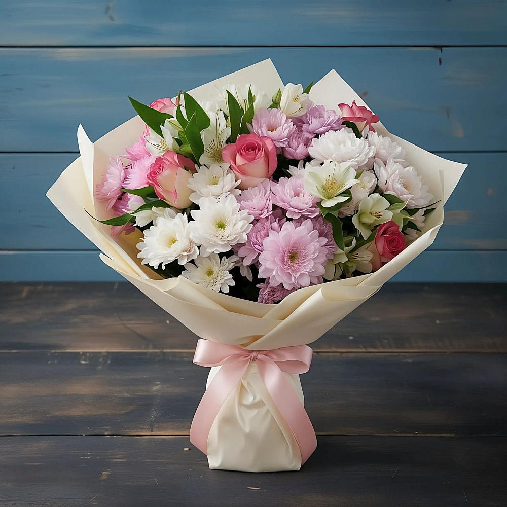 Букет цветов из: Хризантемы, Альстромерии и Розы в Новоуткинске